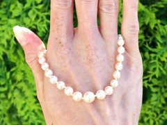 Single Strand Pearl Necklace with Sapphire, Diamond and 12k White Gold Clasp