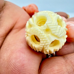VTG Angel Skin Coral Necklace 36in Carved White Chinese Puzzle Ball 11mm OOAK