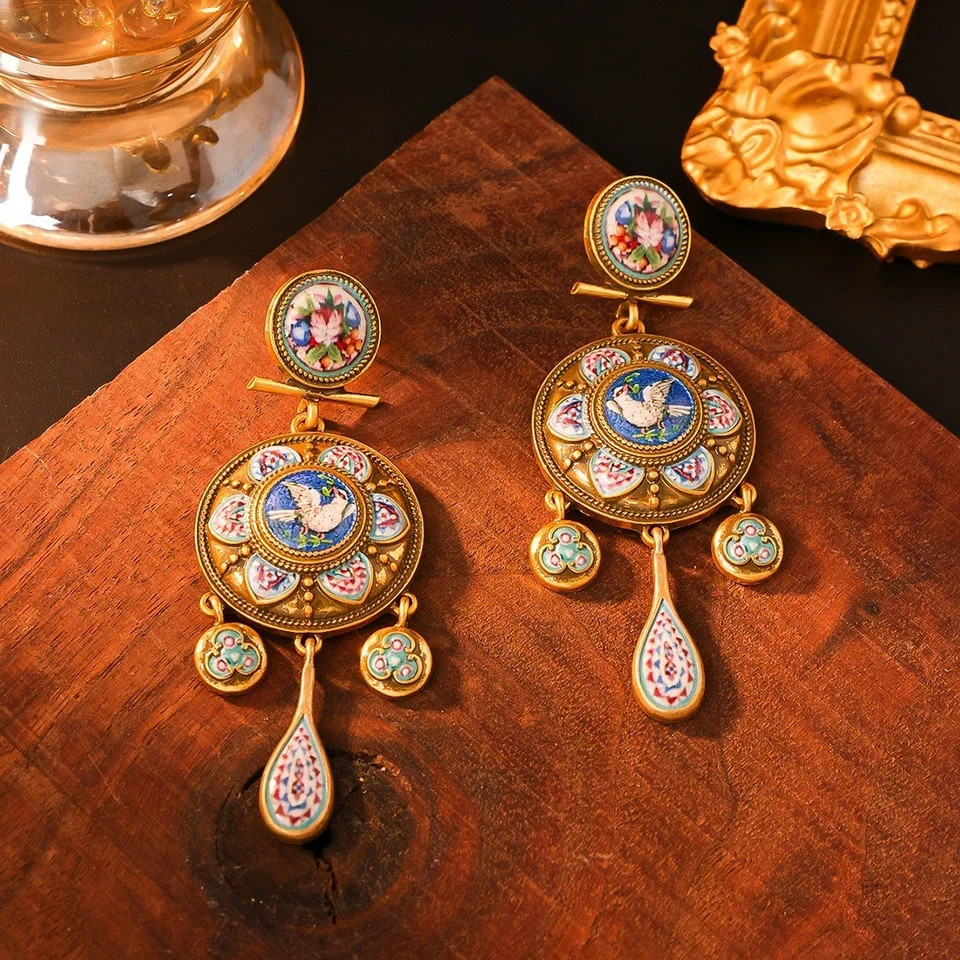 Vintage European Floral Bird Enamel Disc Drop Earrings Gold Victorian Jewelry