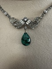 Vintage Schoffel 16″ Rhinestone & Faux Cabochon Emerald Green Necklace 1930s