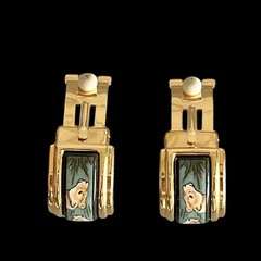 VTG Hermes Lion Motif Enamel Clip-On Earrings Cloisonne Gold Plated w/Box Used