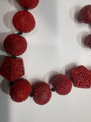 Vintage Chinese Cinnabar Carved Red Bead Necklace & Earrings Set