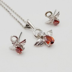Red Rhinestone Guardian Angel Necklace Earring Set with Card Vintage 1990s