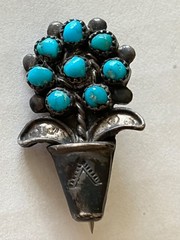 Vtg Zuni Style Turquoise Flower Basket Brooch Petite Silver Tone Southwest Pin