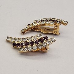 Vintage Rhinestone Clip On Earrings Purple Clear Climber Gold Tone 1 3/8″