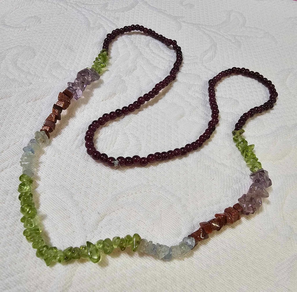 Vtg Chain Necklace w/ Mixed Stone Beads Amethsyt Green Peridot 26in”