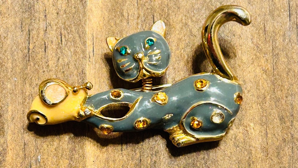 VINTAGE LG LIND-GAL ENAMEL GOLDTONE CAT & MOUSE BROOCH PIN 50’S BOBBLE HEAD