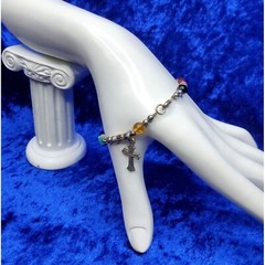 vintage .925 sterling silver cross w/ stones/glass/acrylic and metal beads brace