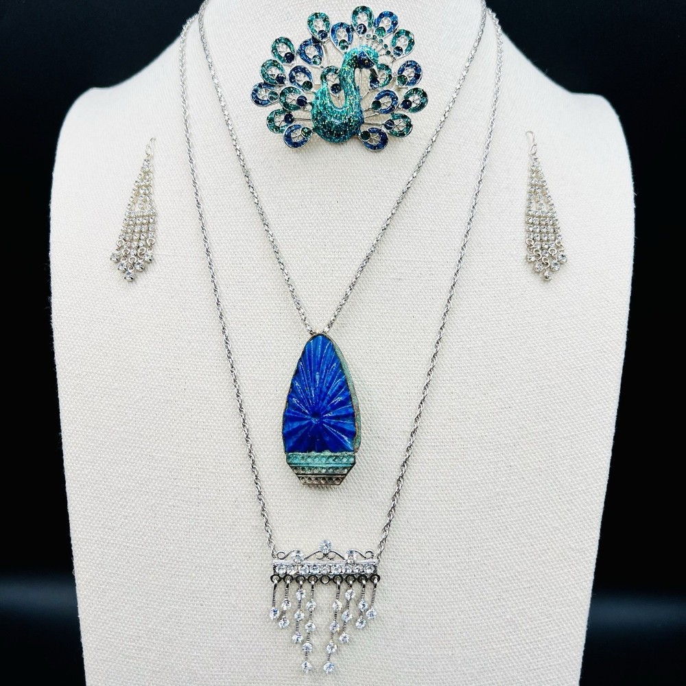 Cobalt Blue Statement Pendant Necklace Set Peacock Brooch Earrings Art Deco Look