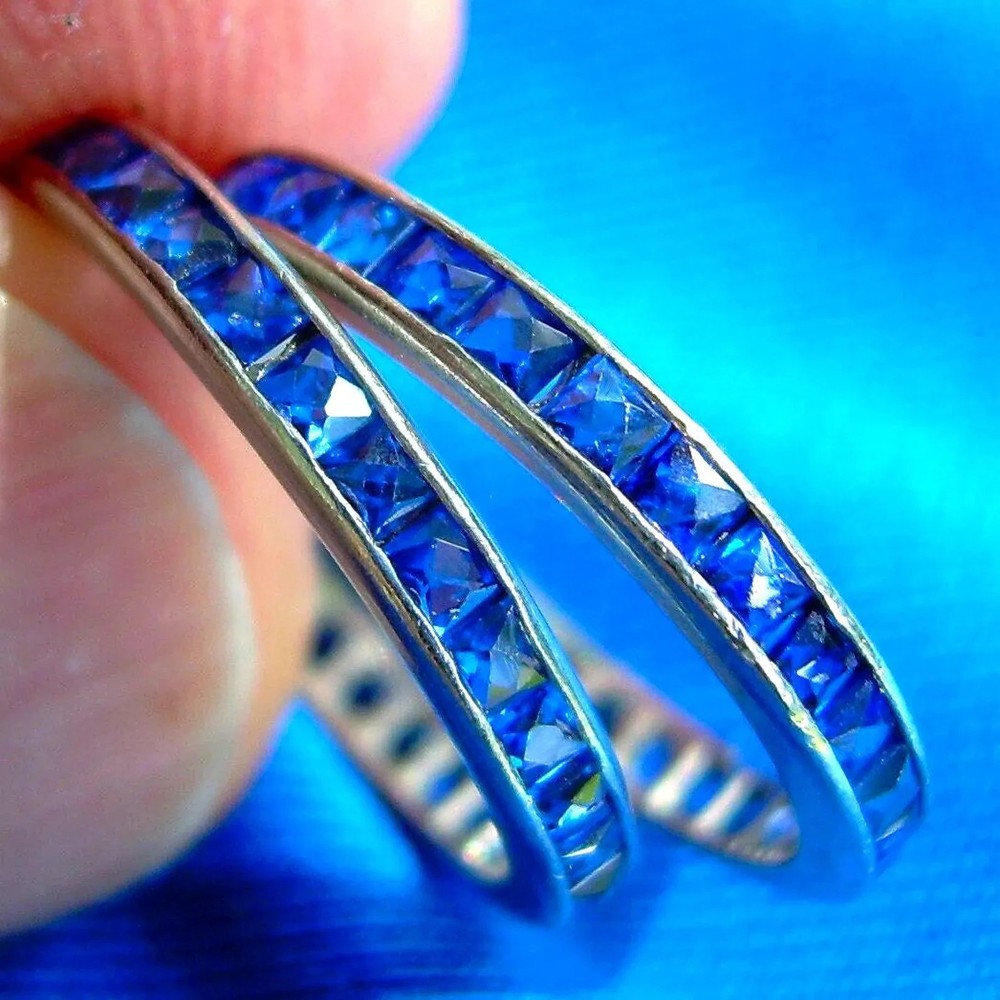 Original Antique SAPPHIRE Carre cut Band Deco PLATINUM Eternity Anniversary Ring