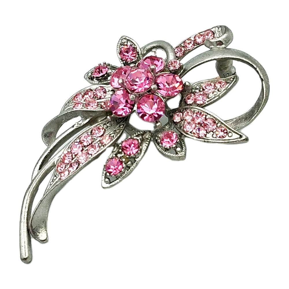 Vtg 1940s 1950s Silver Tone Pink Rhinestone Floral Pin Brooch 2.25″