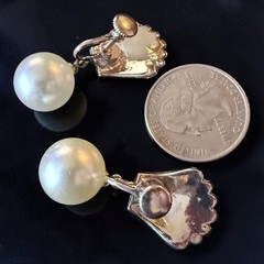 Art Deco Earrings Rhinestone Faux Pearl Dangle Scallop Shell Screwback Vintage