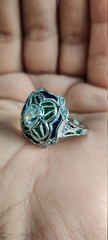 Art Deco Round Lab Created Diamond & Emerald Wedding 14Ct White Gold Finish Ring
