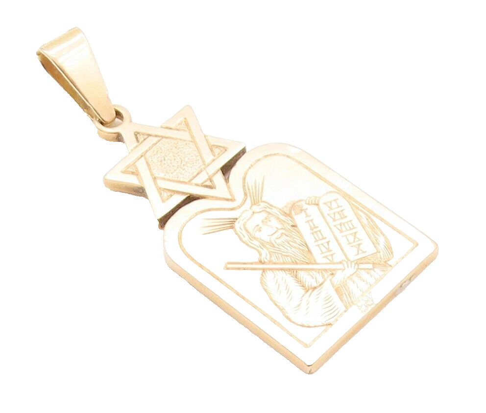 14K GOLD Vintage Pendant Solid Moses 10 Commandments Etched GP757