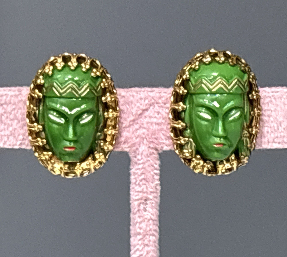 Vintage Green Princess Clip On Earrings Face Mask Gold Tone Germany READ