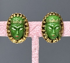 Vintage Green Princess Clip On Earrings Face Mask Gold Tone Germany READ
