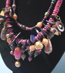 VTG Colored Wooden Beads Necklace Asymmetrical Statement 1990s Pink Blue Boho