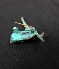 Wonderful Green Bird Brooch/Pin with Blue Glass Stone Set in Oxydated Metal