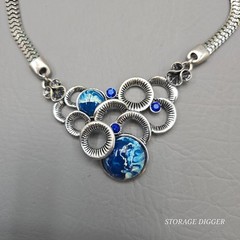 Vintage Bib Statement Necklace Silver Tone Blue Marbled Cabochon Rhinestone 19″