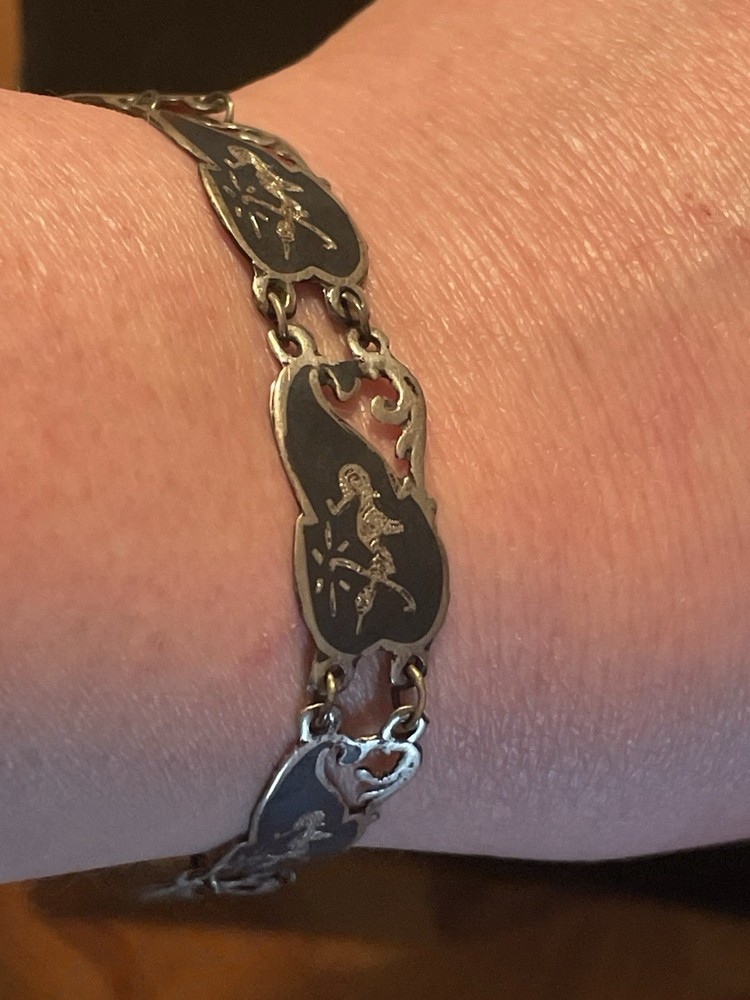 Antique Siam Sterling Silver 925 Panel Bracelet. Niello Dancer. Thailand