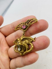 Antique Vintage Art Nouveau Gothic Gargoyle Griffin Crystal Gold Tone Pendant