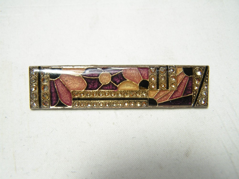 …Vtg/Antique Silver Tone, Enamel, Rhinestones Abstract Flowers Design Brooch..