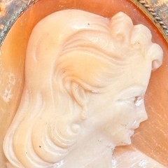 CAMEO brooch antique pink white trombone clasp brass frame heavy verdigris