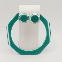 Green w White Stripe Octagon Shape Vintage Pierced Earrings Bangle Bracelet Set