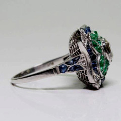 Vintage Emerald, Sapphire & Lab-Created Diamond Floral Engagement 925Silver Ring