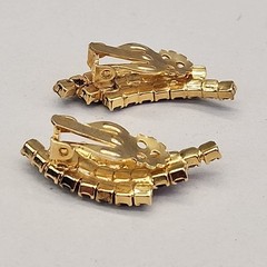Vintage Rhinestone Clip On Earrings Purple Clear Climber Gold Tone 1 3/8″
