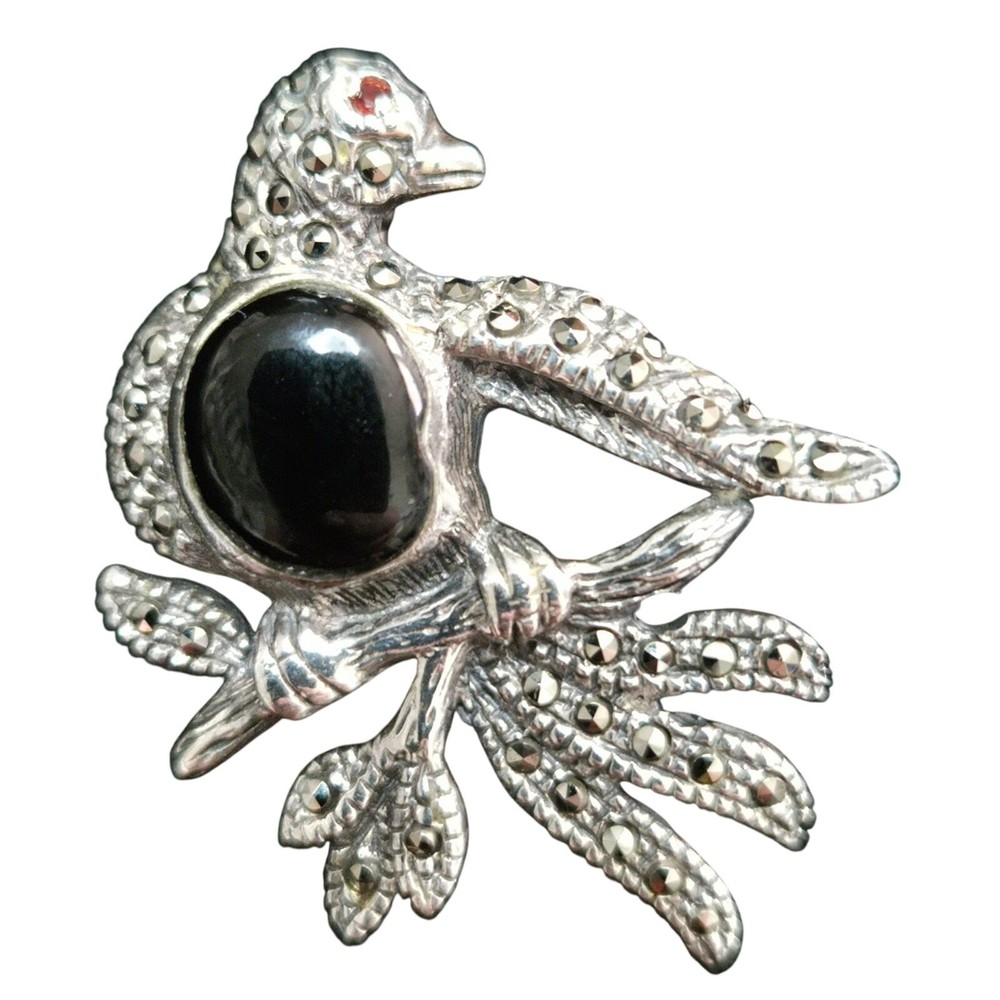 Vintage Sterling Silver, Onyx, Ruby and Marcasite Bird Brooch