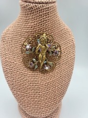 Sculptural Golden Cherub Cupid Angel Brooch Pin Multicolored Enamel Filigree