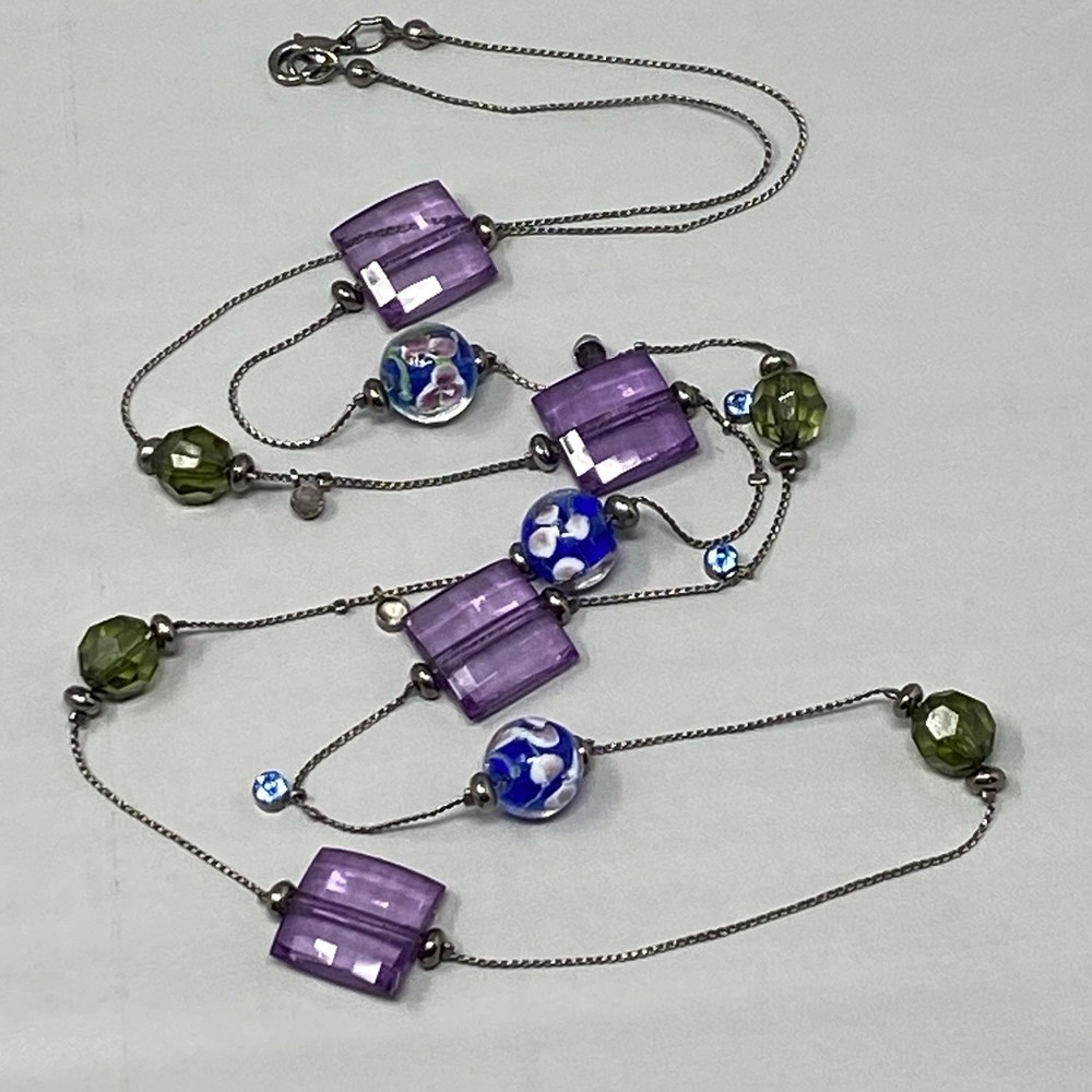 Glass Bead Station Necklace Blue Flower Lampwork Purple Acrylic Black Tone 36″