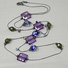 Glass Bead Station Necklace Blue Flower Lampwork Purple Acrylic Black Tone 36″