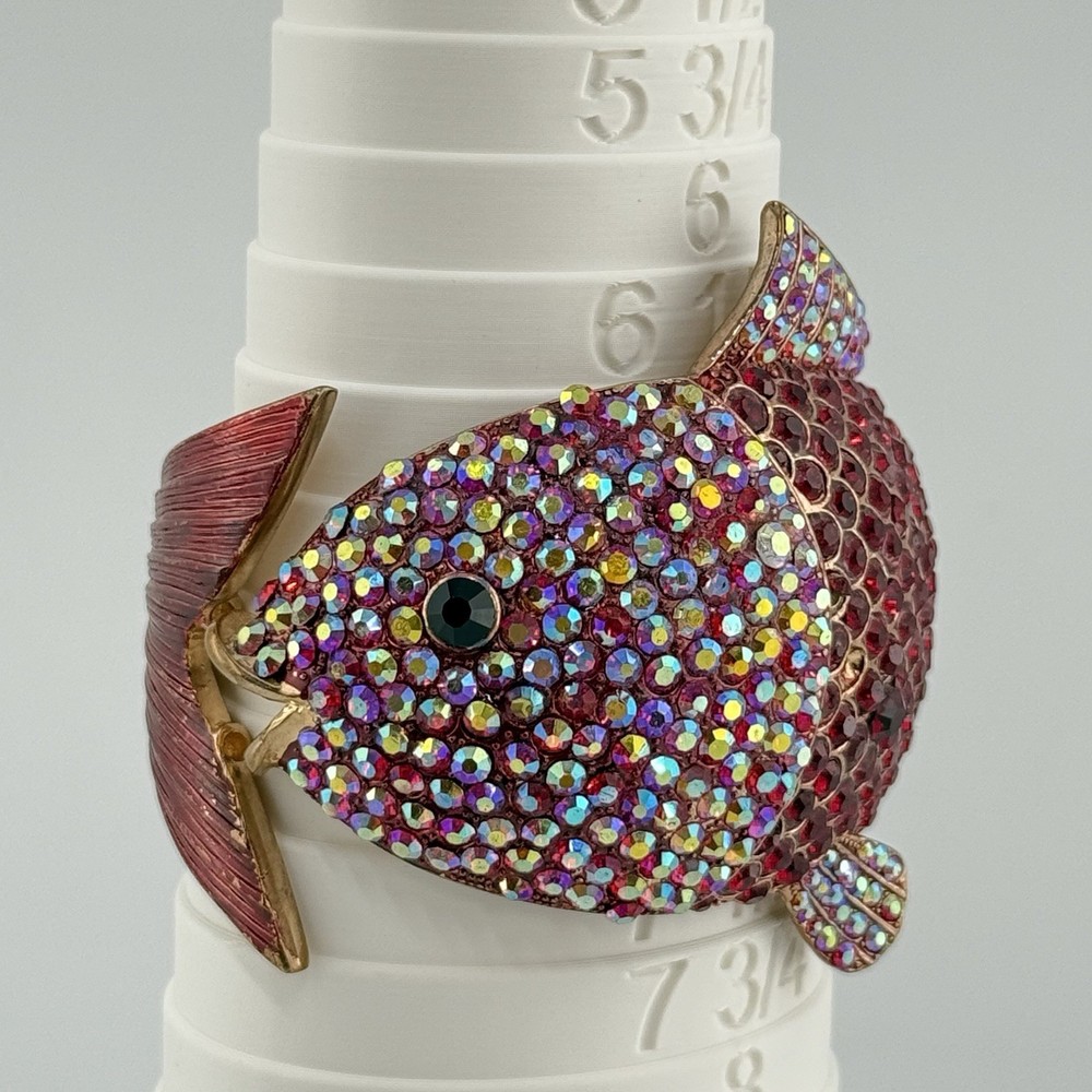Vintage Fish Clamper Cuff Bracelet Red Pink AB Rhinestone Enamel Statement