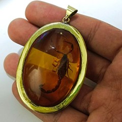 Amber scorpion pendant, natural insect fossil, vintage archaeological jewelry