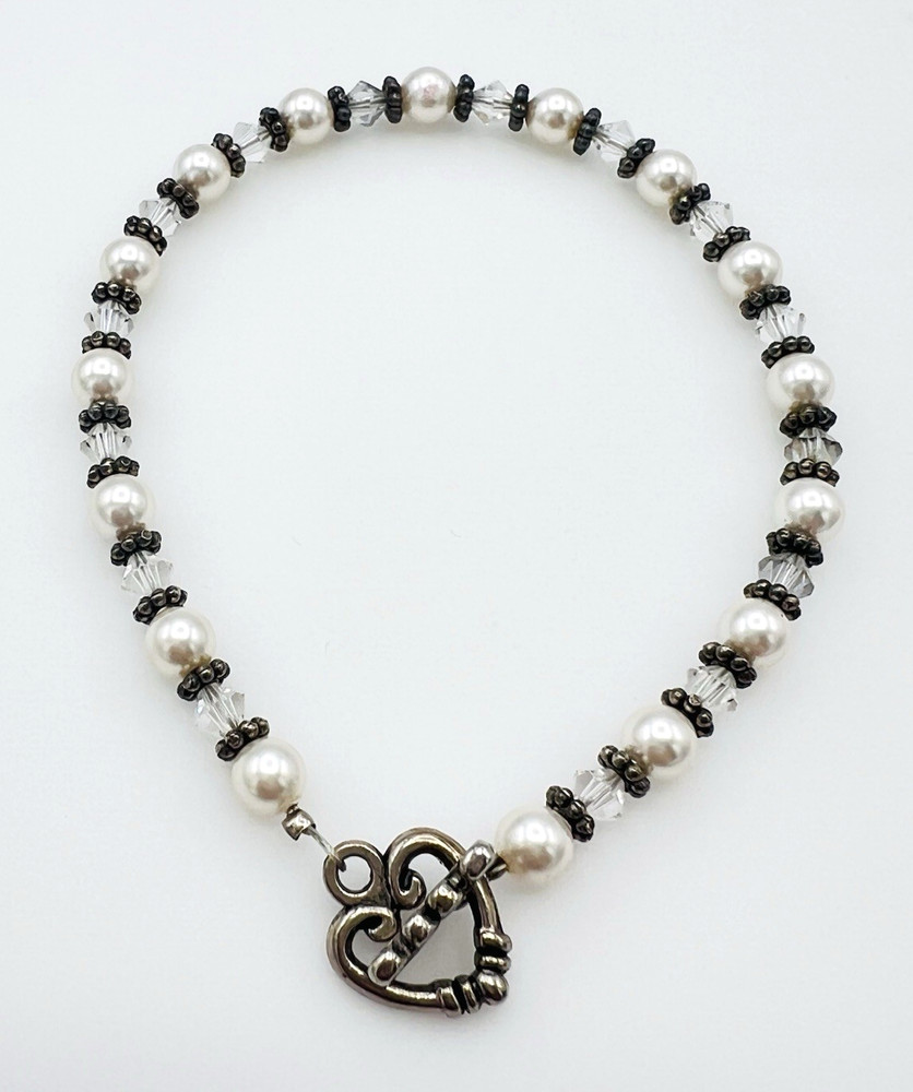 Handcrafted Antique Silver Tone Faux Pearl Crystal Bracelet Heart Toggle Clasp