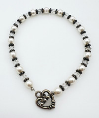 Handcrafted Antique Silver Tone Faux Pearl Crystal Bracelet Heart Toggle Clasp