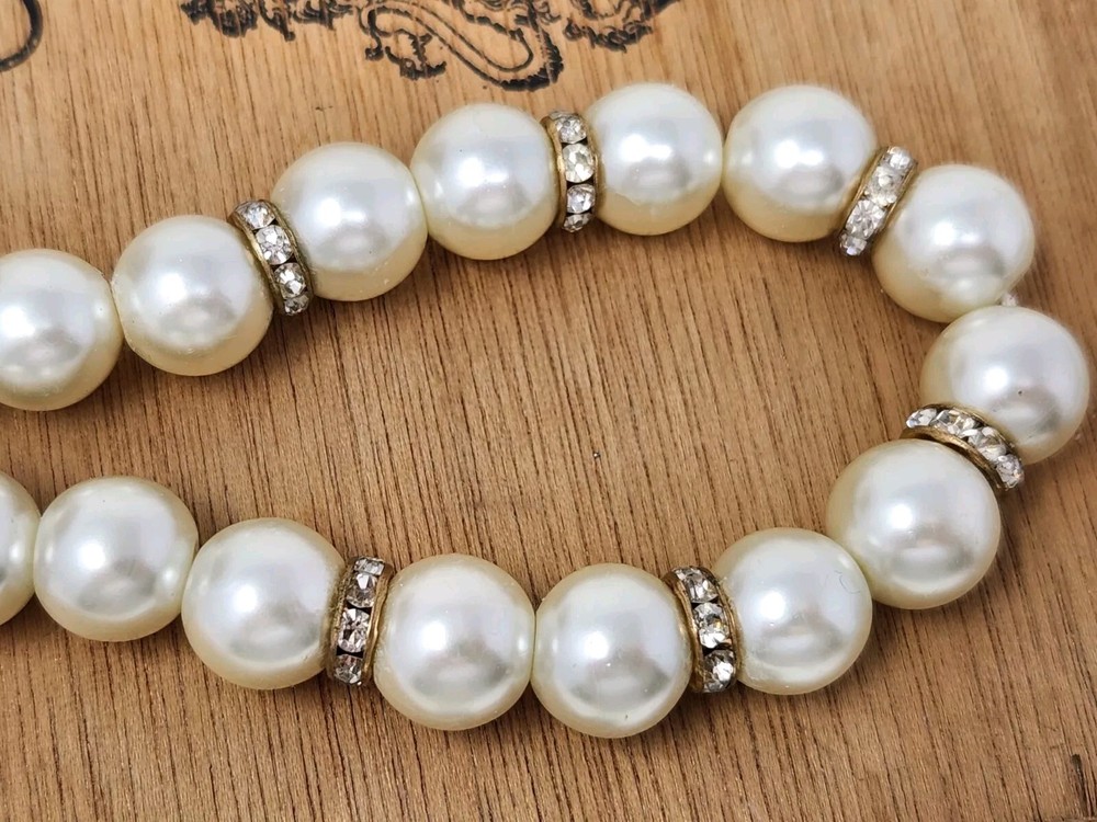 Glass Faux Pearl & Rhinestone Necklace Vintage 13.5mm 18″ – 21″ Adjustable