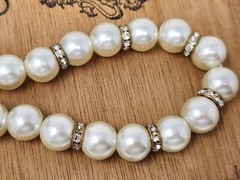 Glass Faux Pearl & Rhinestone Necklace Vintage 13.5mm 18″ – 21″ Adjustable