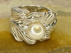 Vintage Large Sterling Silver 925 Leaf 9mm Cultured Pearl Statement Ring SZ 7.5