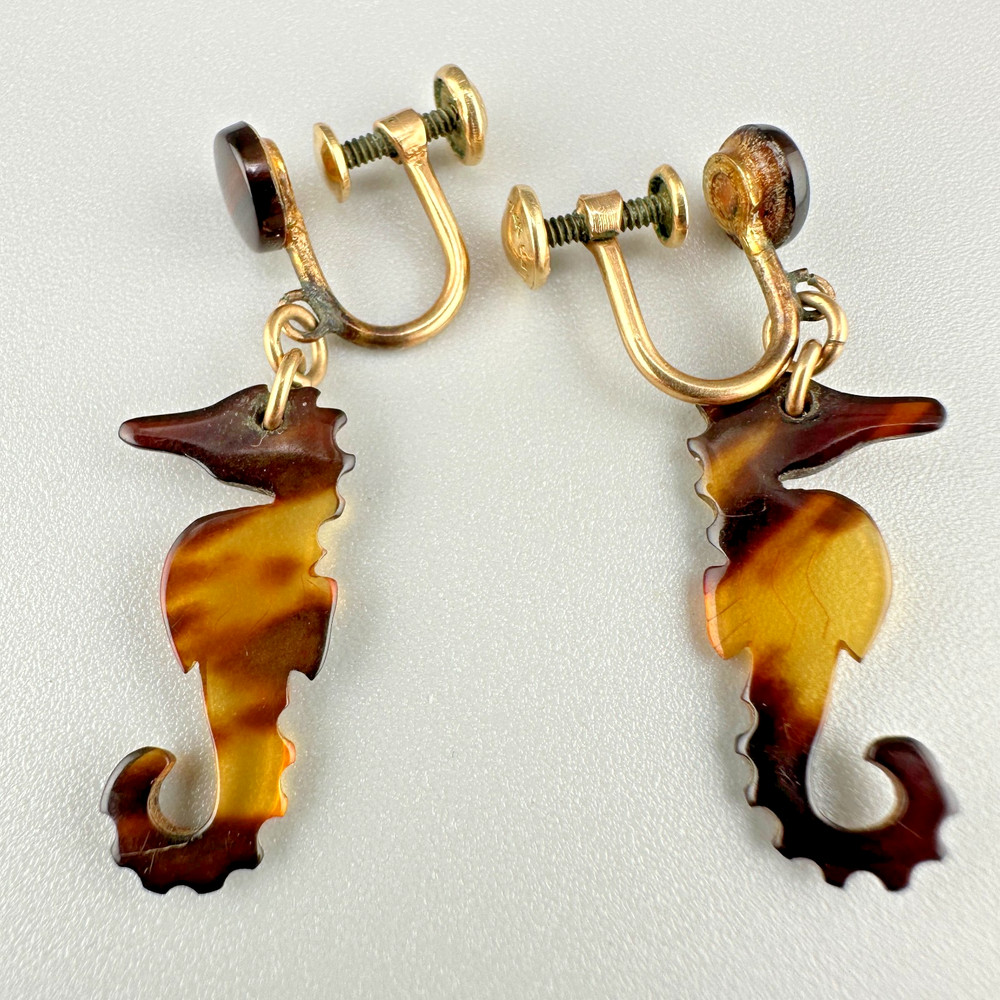 Vintage GF Seahorse Earrings Brown Beige Translucent Light Weight Screw Back
