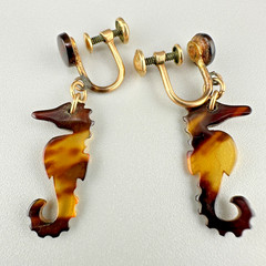Vintage GF Seahorse Earrings Brown Beige Translucent Light Weight Screw Back