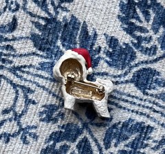 Vintage Signed Erwin Pearl Bichon White Santa Hat Dog Enamel 1.25” Brooch Pin