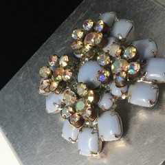 Vtg Maltese Cross Blue Milk Glass Brooch Pin AB Crystal Floral Accents 2.4″