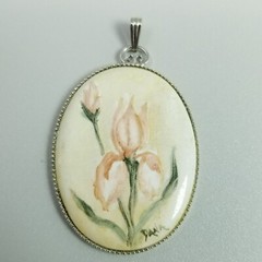 Vintage Pink and Green Painted Flower Pendant, Oval Silver Tone Setting, Signed