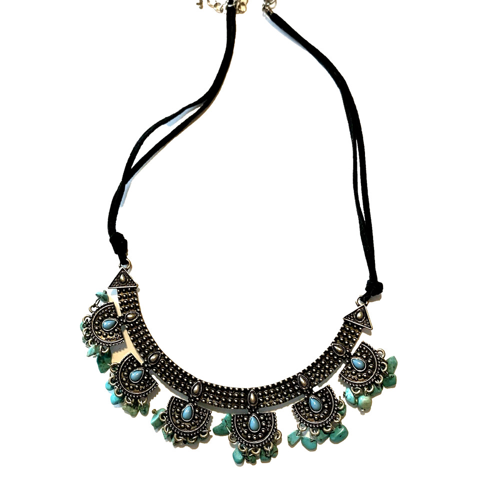 Vtg Faux Turquoise Stone Dangles & Antiqued Silver Tone Necklace ~17″ Boho Chic