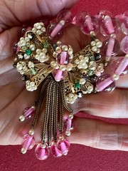 Early Miriam Haskell 3 Strand Pink Glass Filigree Wired Beads Festoon Necklace