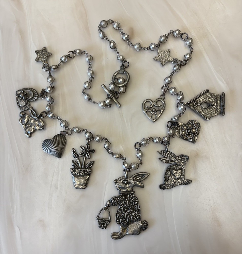 Marcie Signed 30” Pewter Charm Necklace w/Pearls Rabbits Hearts Birdhouse Garden