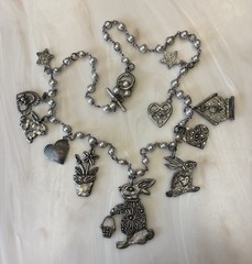 Marcie Signed 30” Pewter Charm Necklace w/Pearls Rabbits Hearts Birdhouse Garden